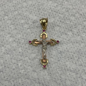 10K Three Tone Gold Cross Red Stone Pendant 3.8Gr 