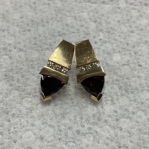 14K Yellow Gold Red Stone Diamond Stud Earrings 6.2gr 