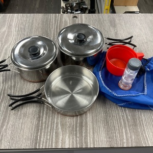 GSI STAINLESS CAMPING POTS & PAN SET W/ MEASURING CUP AND SALT & PEPPER SHAKER 