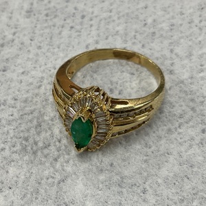 14K Yellow Gold Marquise Emerald and Diamond Ring 6.3Gr Size 8.75