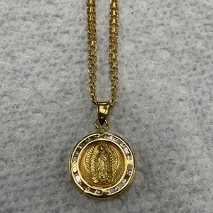 18K Yellow Gold 23" Chain w/ White Stone Jesus/ Mary Pendant Gold 10.3g