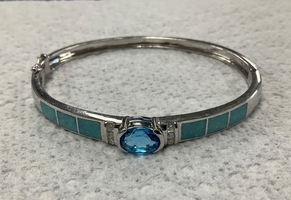 14K White Gold Fire Opal & Blue Stone Bangle Bracelet 15.4gr