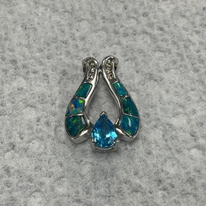 14K White Gold Fire Opal & Blue Stone Pendant 2.9gr