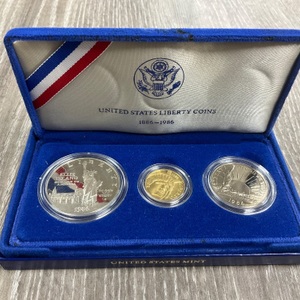 1986 3-COIN STATUE OF LIBERTY SILVER & GOLD COIN SET WITH BOX