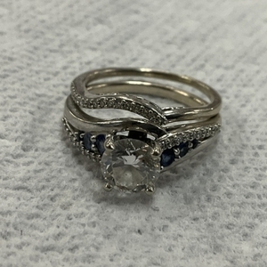 14K White Gold Diamond & Blue Stone Ring Set 6.5Gr Size 8