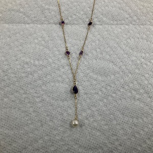 14K Yellow Gold Purple Stone & Pearl Necklace 3.8gr 21"
