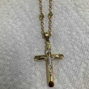 18K Yellow Gold Stone 24" Chain w/ Two Tone Cross Pendant 22.2gr 