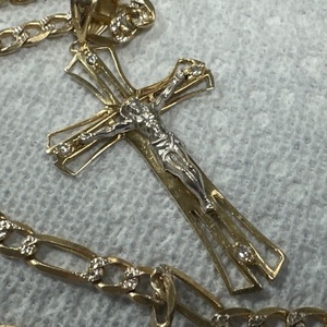 14K Yellow Gold Figaro 24" Chain Necklace with Jesus Cross Pendant 36.2gr 