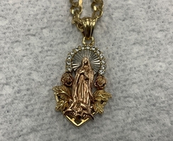 14K Yellow Gold 18" Curb Chain Necklace with Mary Tricolor Pendant 16.3gr