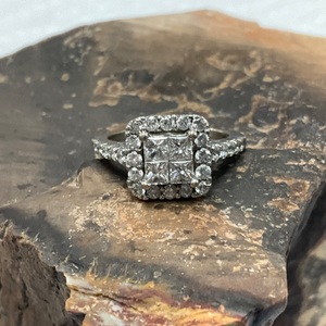 14K White Gold Quad Princess Cut Diamond Halo Ring 3.4gr Size 4.5